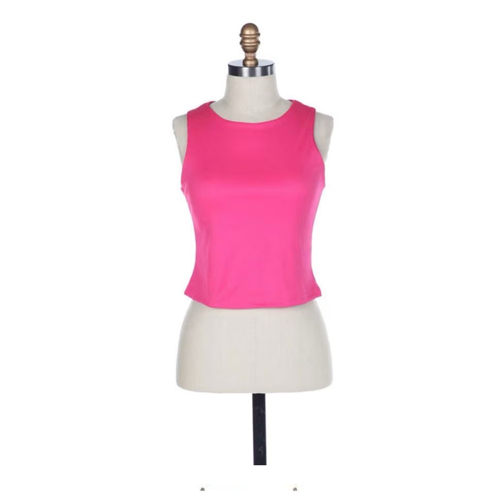 Originality Womens High Neck Double‎ Layer Rib Tank Top Fuchsia Pink Cropped XL